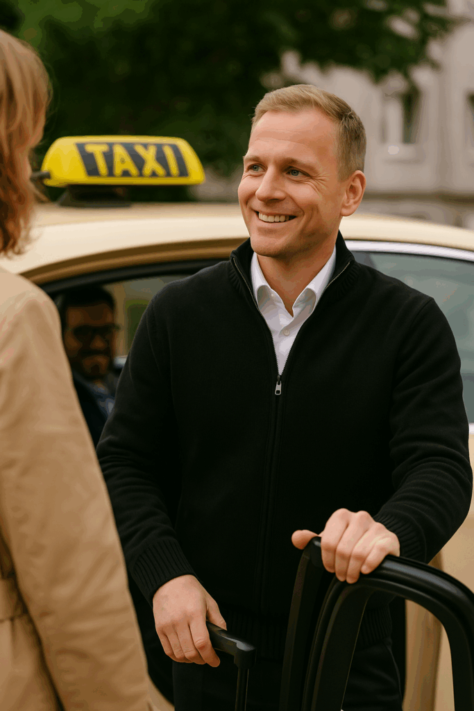 Freundlicher Taxi-Fahrer öffnet die Tür und begrüßt Fahrgäste vor gelbem Taxi