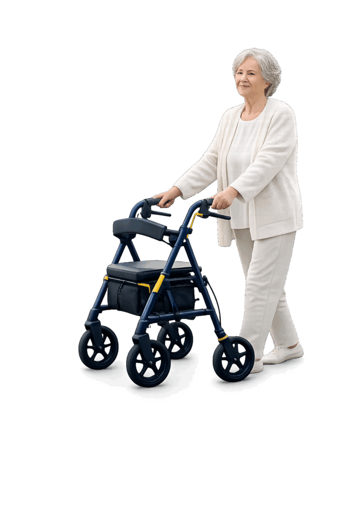 Seniorin mit Rollator als Symbol für sichere Krankenbeförderung mit Taxi Vogel